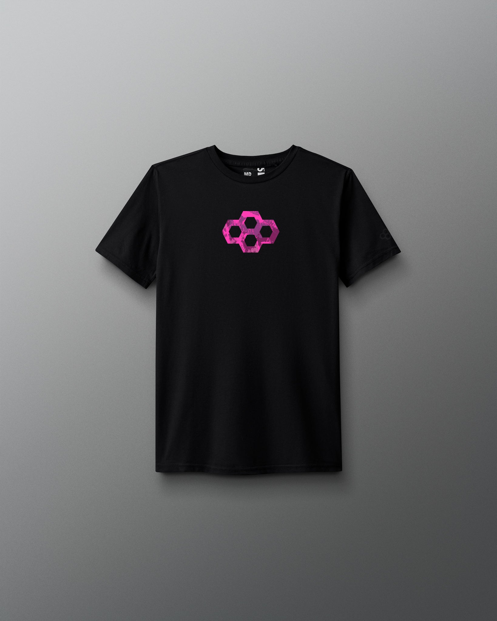 Black t-shirt with a pink geometric logo on a gray background