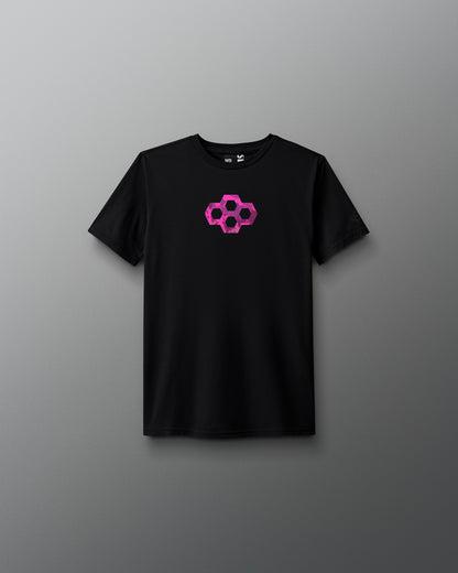 Black t-shirt with a pink geometric logo on a gray background