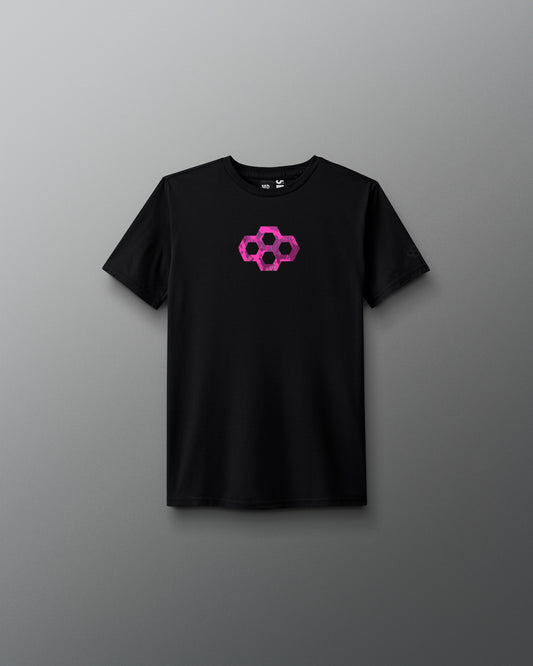 Black t-shirt with a pink geometric logo on a gray background