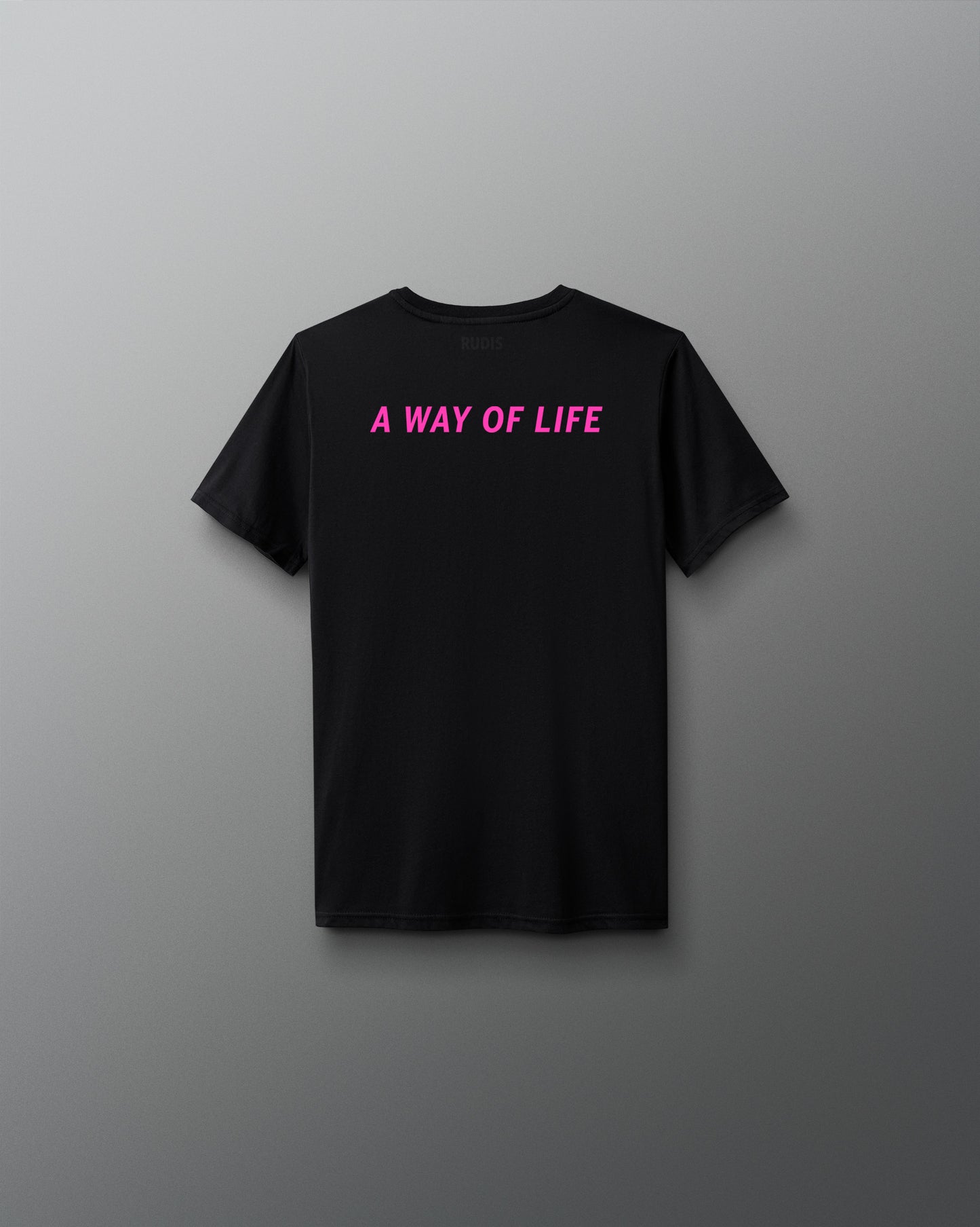 Black t-shirt with 'A WAY OF LIFE' in pink on a gray background
