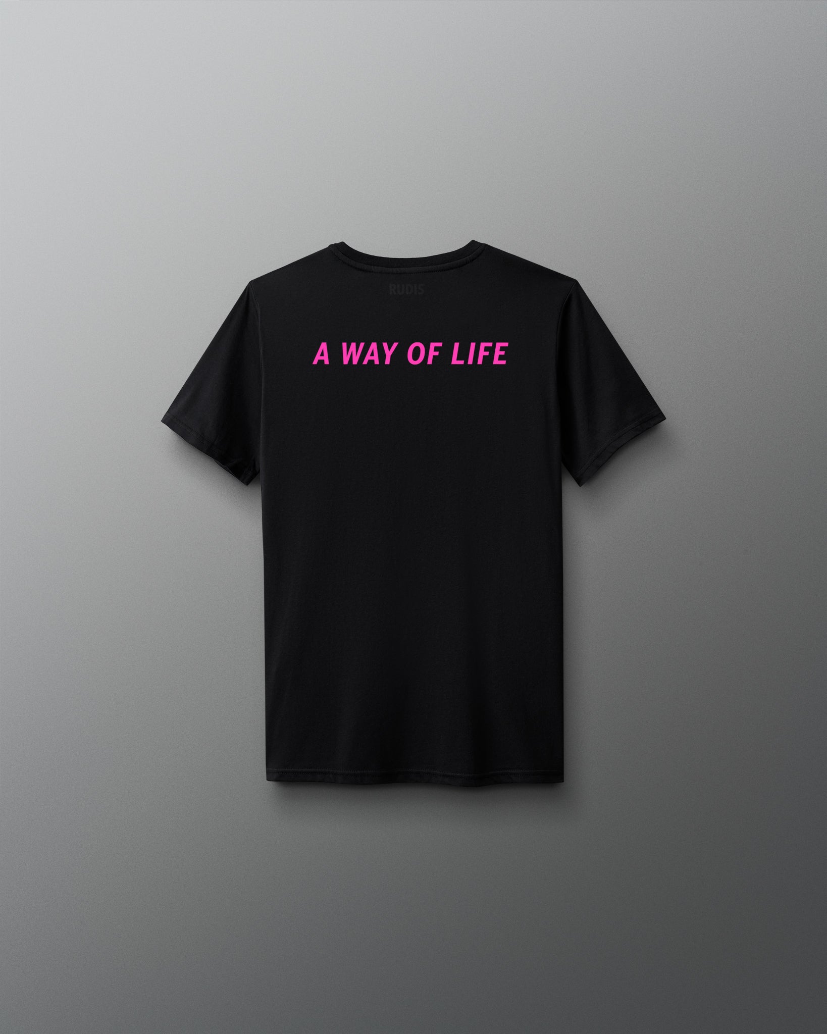 Black t-shirt with 'A WAY OF LIFE' in pink on a gray background
