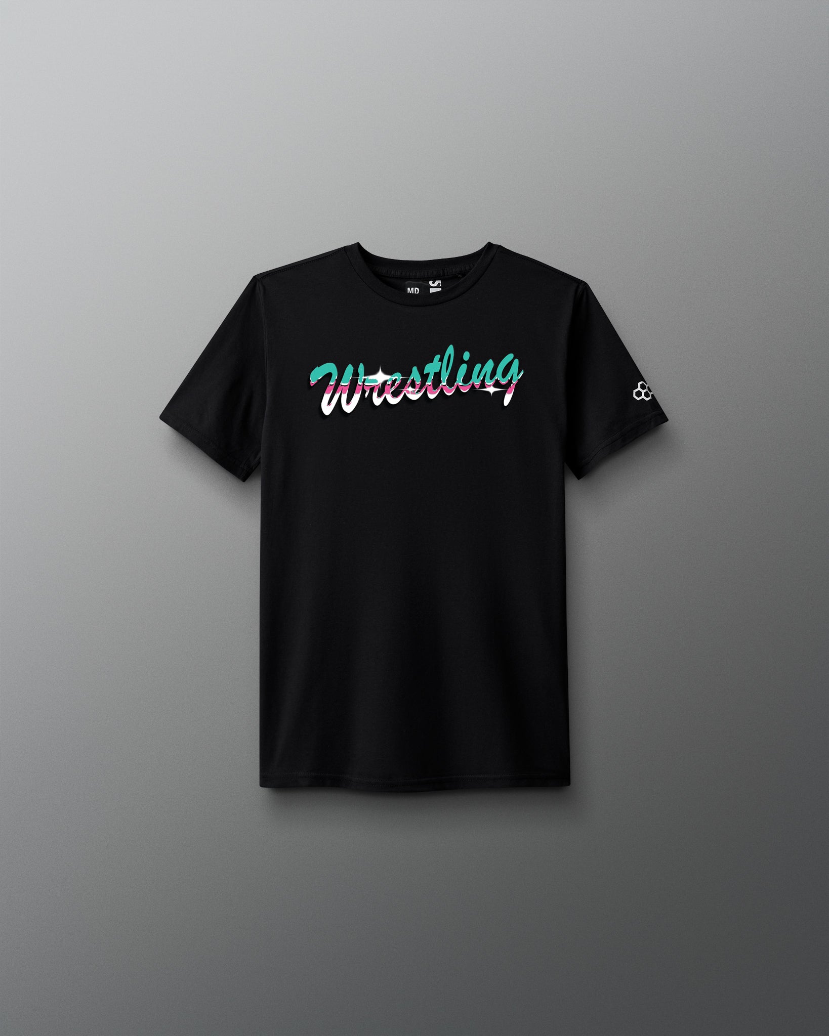 Black t-shirt with 'Wrestling' text on a gray background