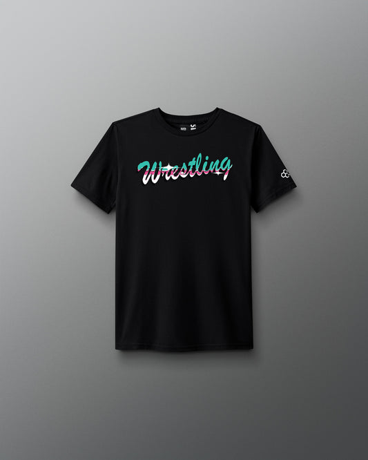 Black t-shirt with 'Wrestling' text on a gray background