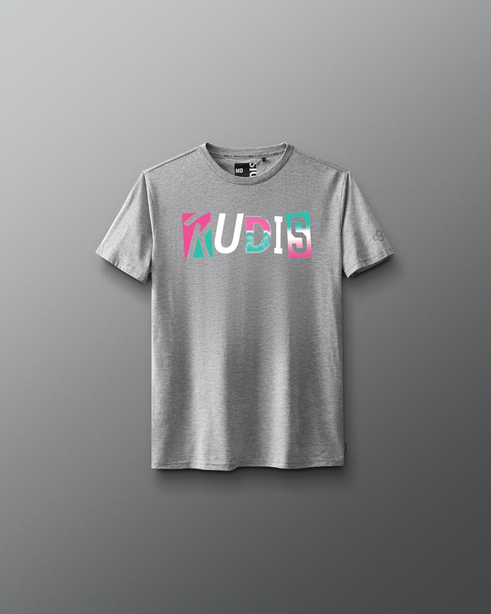 Gray t-shirt with colorful 'RUDIS' logo on a gray background