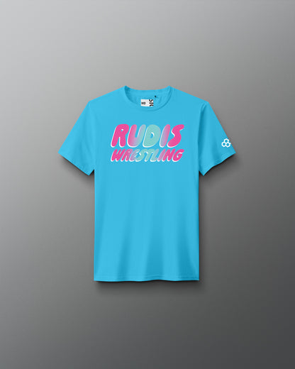 Blue t-shirt with 'RUDIS WRESTLING' text on a gray background