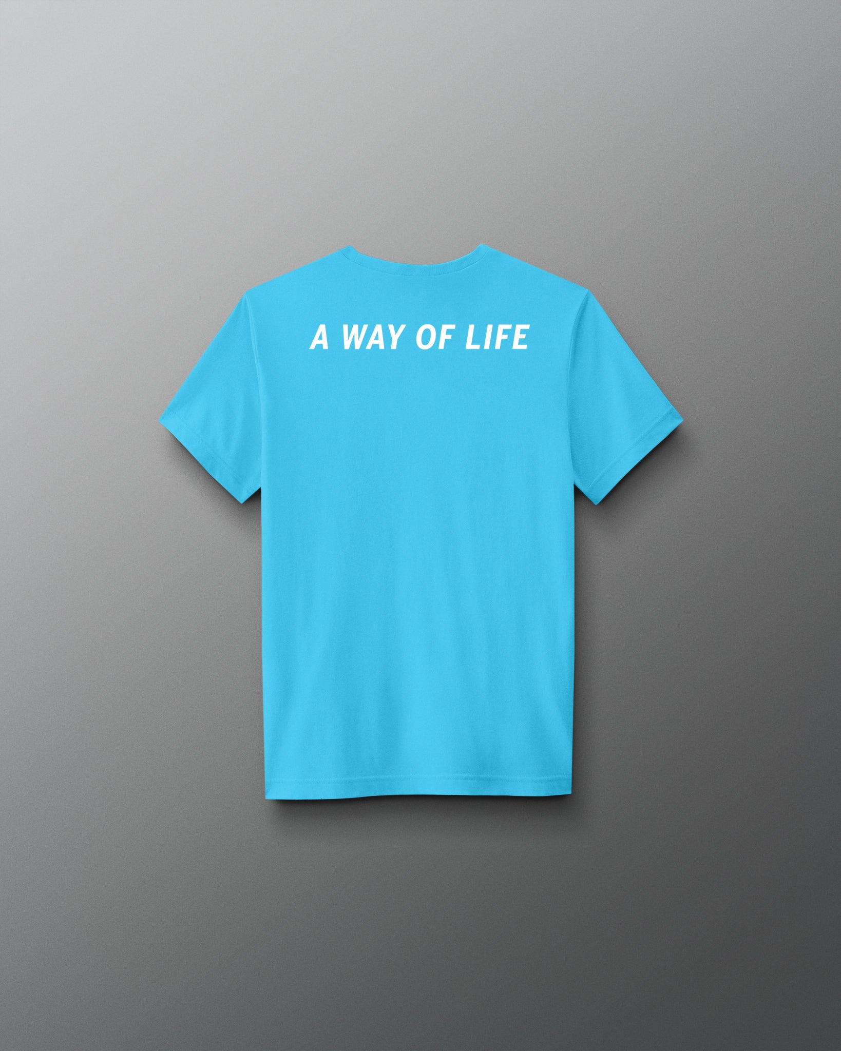 Blue t-shirt with 'A Way of Life' text on the back against a gray background