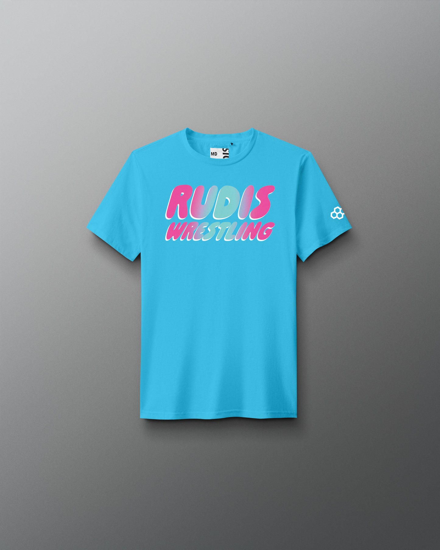 Blue t-shirt with 'RUDIS WRESTLING' text on a gray background