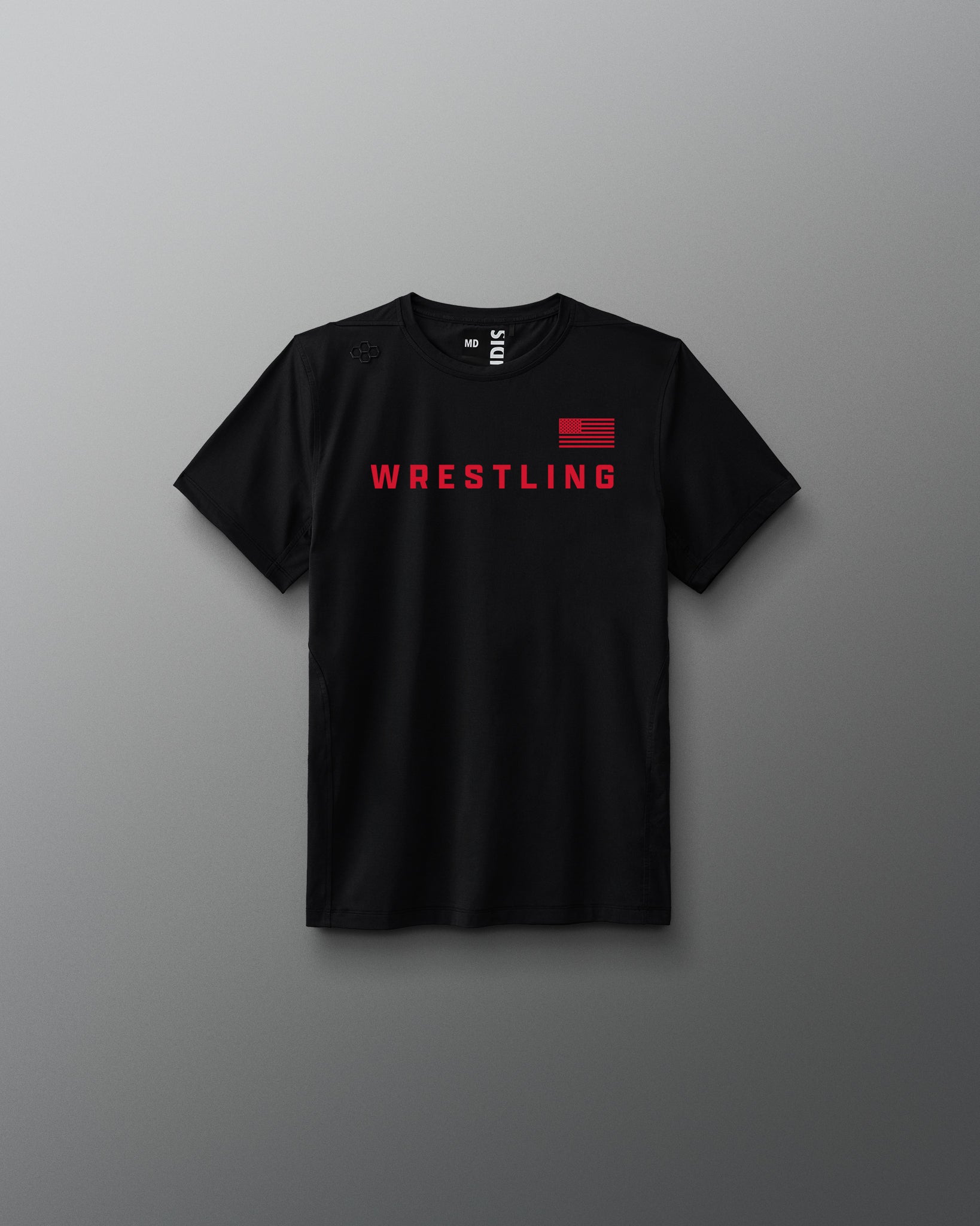 Black t-shirt with 'Wrestling' printed in red on a gray background