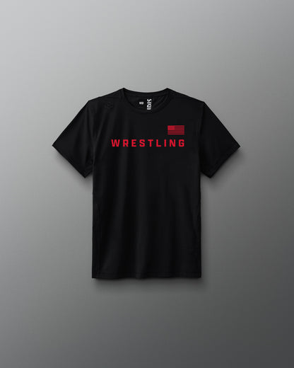 Black t-shirt with 'Wrestling' printed in red on a gray background