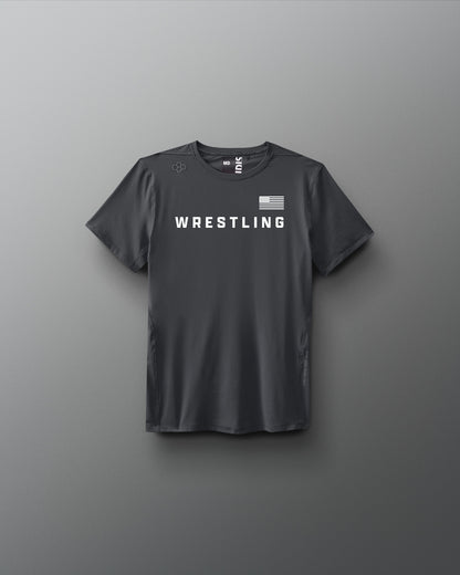 Gray t-shirt with 'Wrestling' text on a gray background