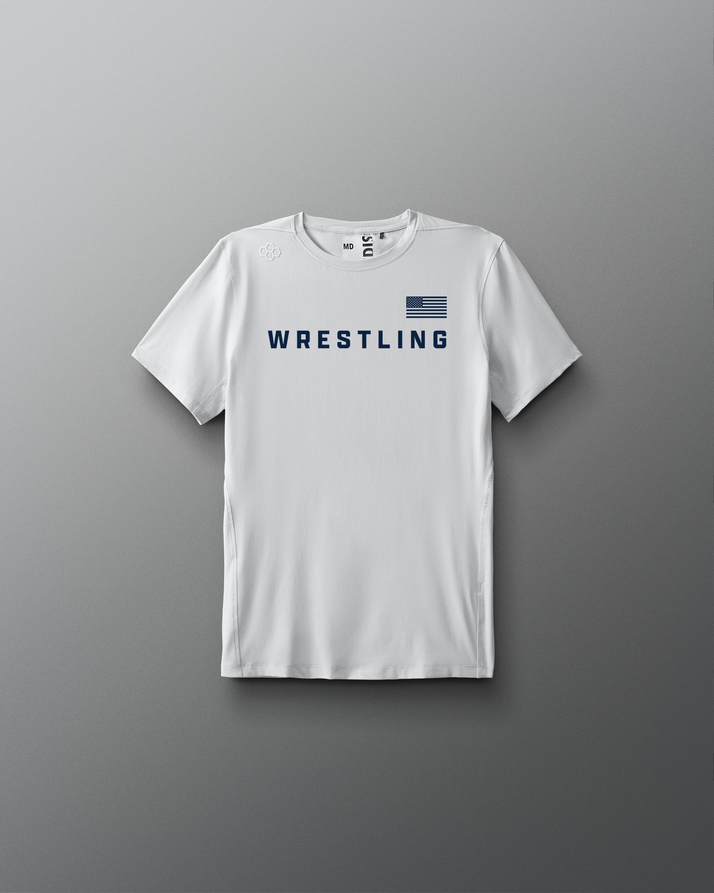 White t-shirt with 'Wrestling' text and American flag on a gray background