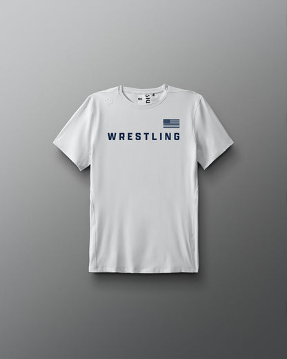 White t-shirt with 'Wrestling' text and American flag on a gray background
