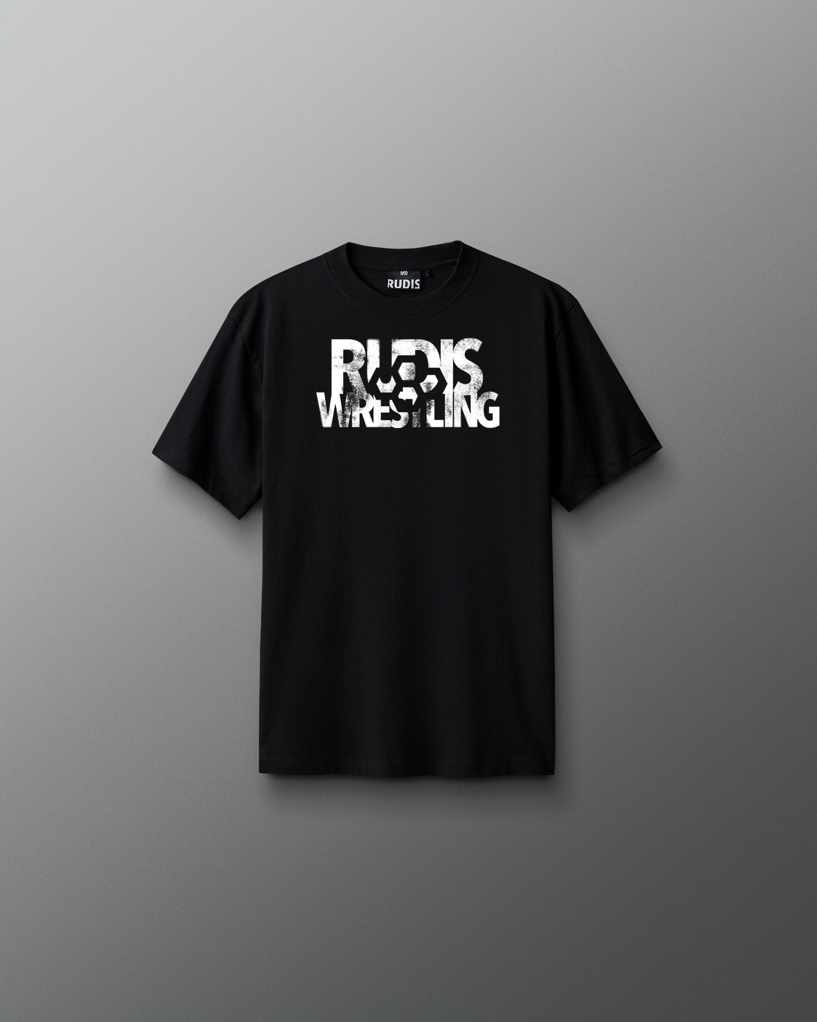 Black t-shirt with 'Rocks Wrestling' text on a gray background