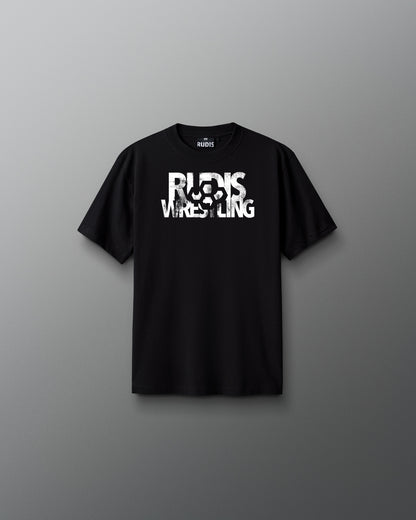 Black t-shirt with 'Rocks Wrestling' text on a gray background