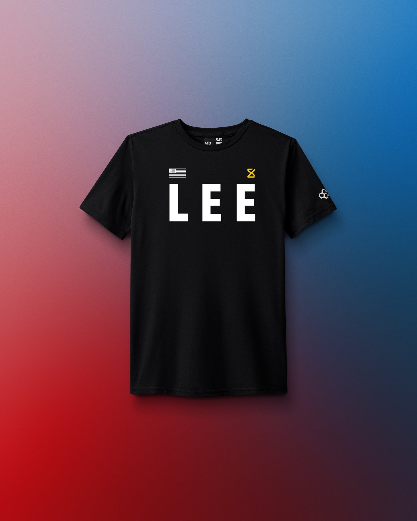 Black t-shirt with 'LEE' printed on it against a gradient background. United World Wrestling. World Wrestling Championships. Zagreb