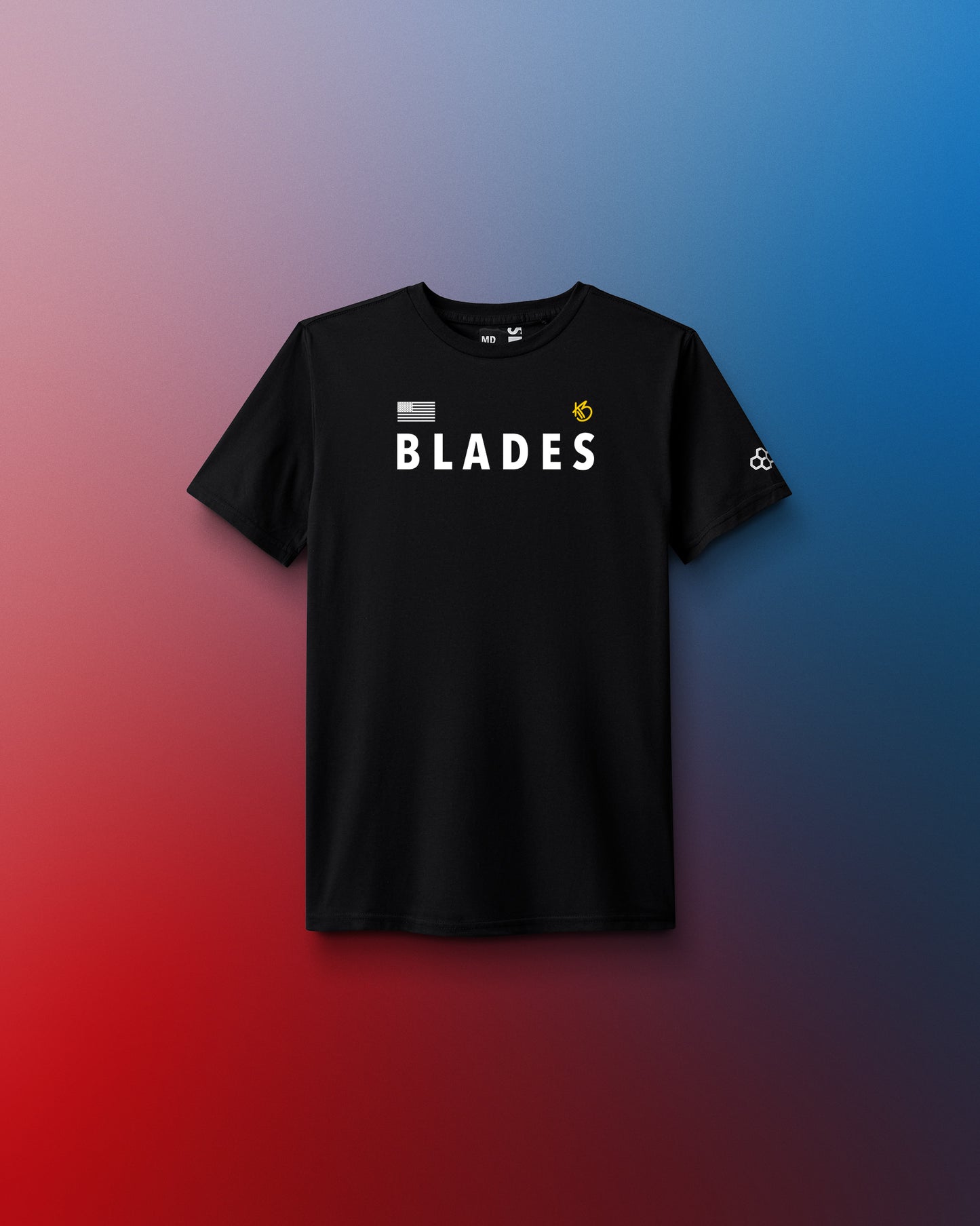 Black t-shirt with 'BLADES' text on a gradient background. United World Wrestling. World Wrestling Championships, zagreb