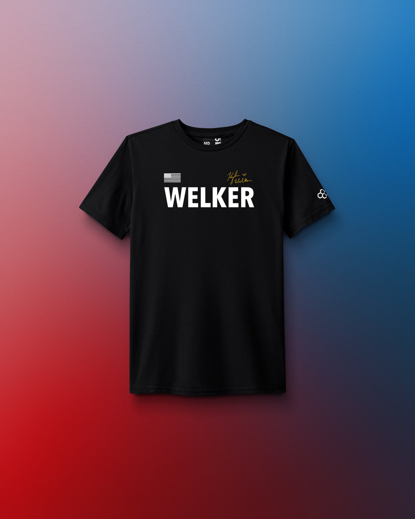 Black t-shirt with 'WELKER' printed on it against a gradient background. United World Wrestling. World Wrestling Championship. Zagreb