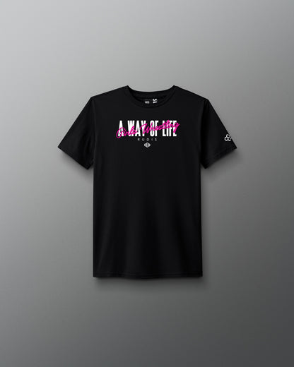 Black t-shirt with 'A Way of Life' text on a gray background
