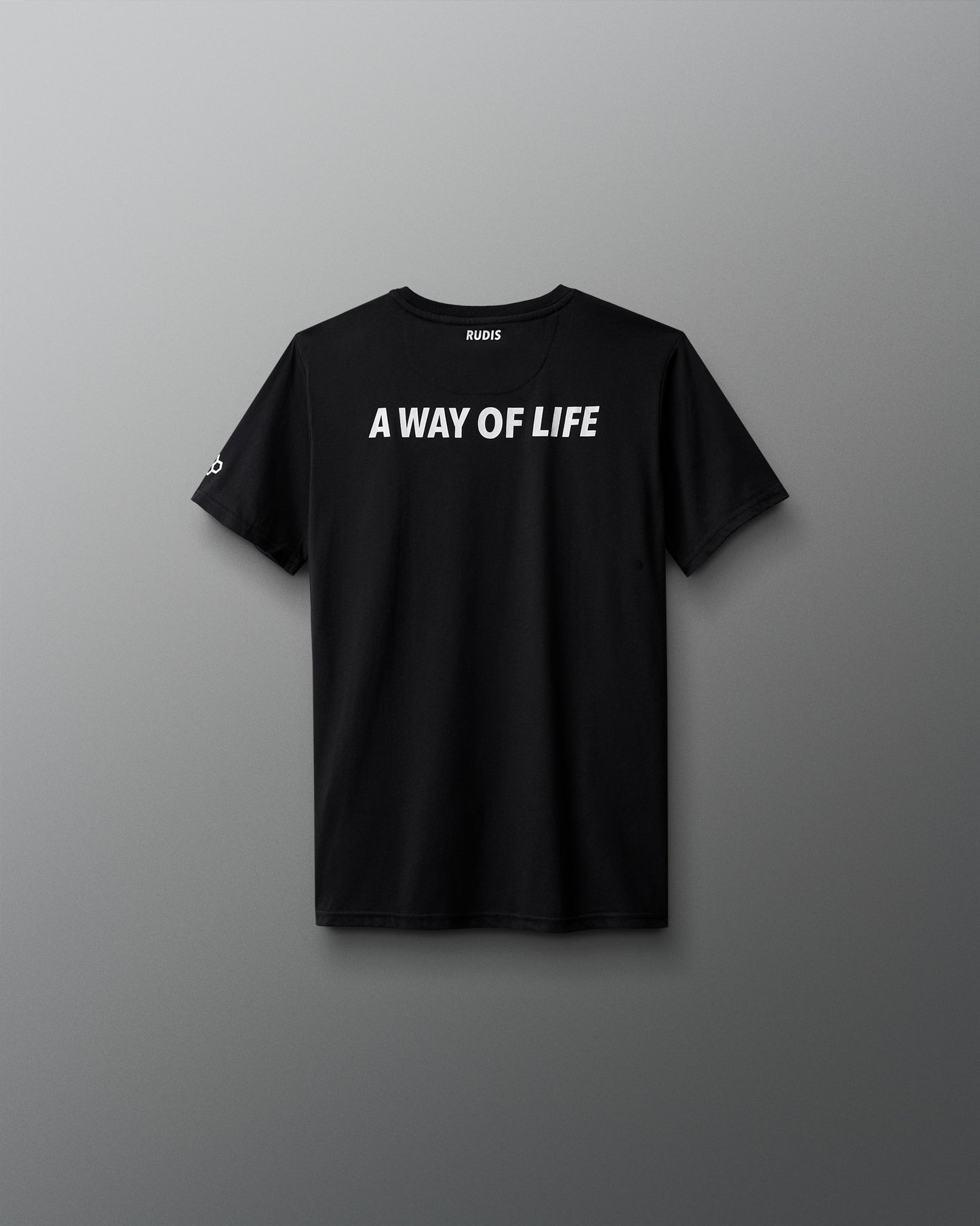 Black t-shirt with 'AWAY OF LIFE' text on a gray background