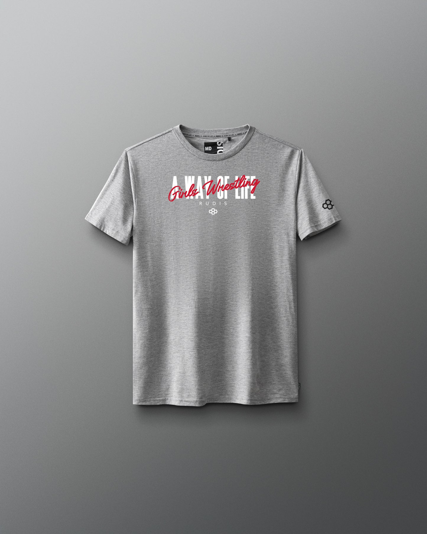 Gray t-shirt with red and white 'Girls Wresting' text on a gray background