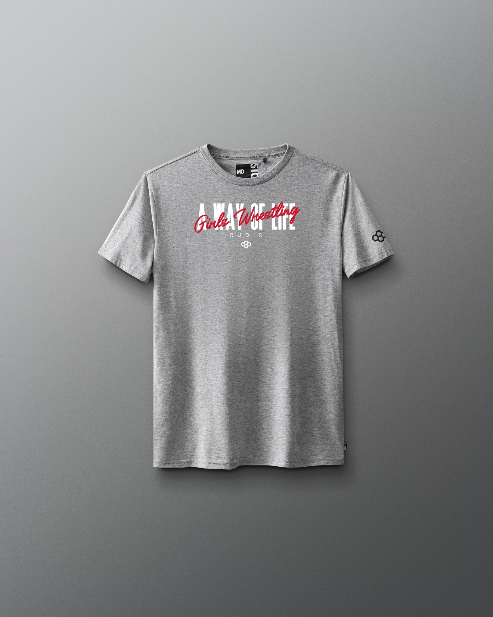Gray t-shirt with red and white 'Girls Wresting' text on a gray background
