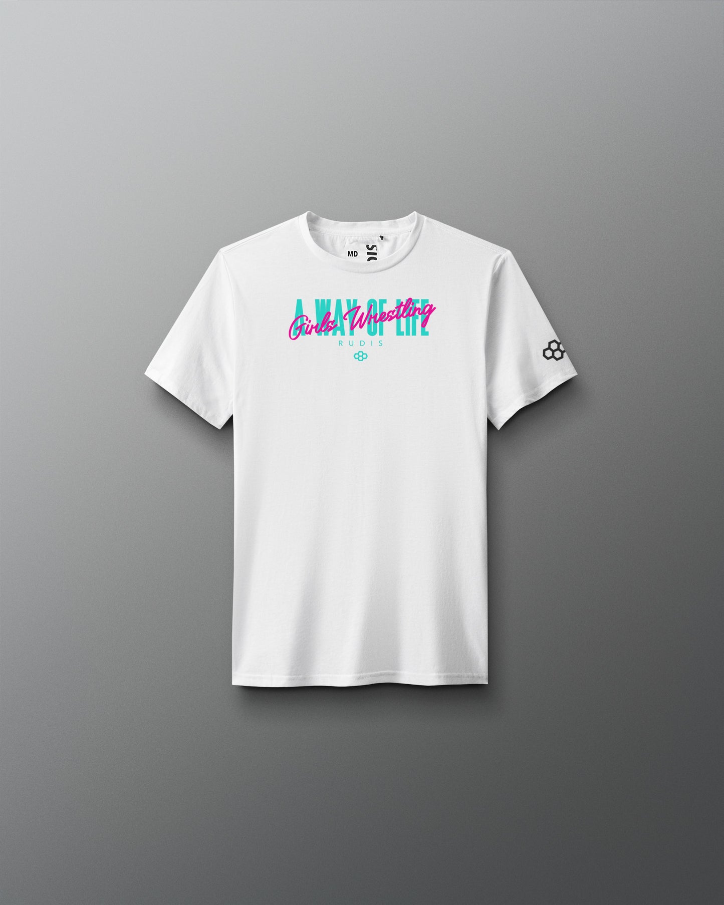 White t-shirt with colorful text on a gray background