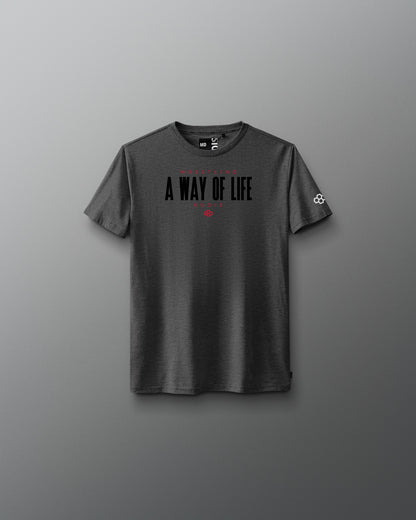 Gray t-shirt with text on a gray background