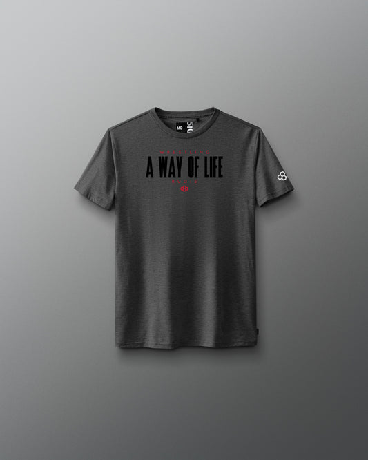 Gray t-shirt with text on a gray background