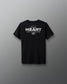 Black t-shirt with white text on a gray background