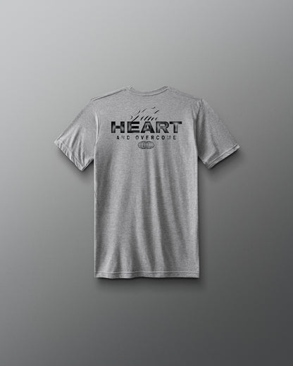 Gray t-shirt with text on the back against a gray background