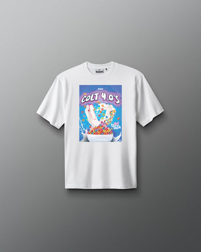 White t-shirt with a colorful graphic design on a gray background