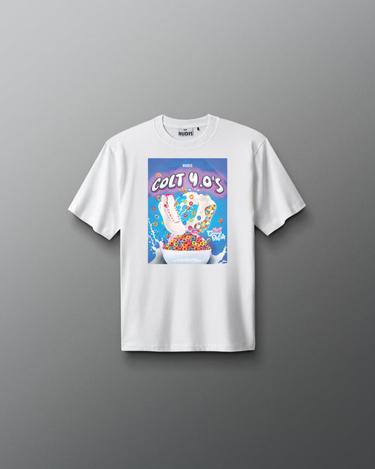White t-shirt with a colorful graphic design on a gray background