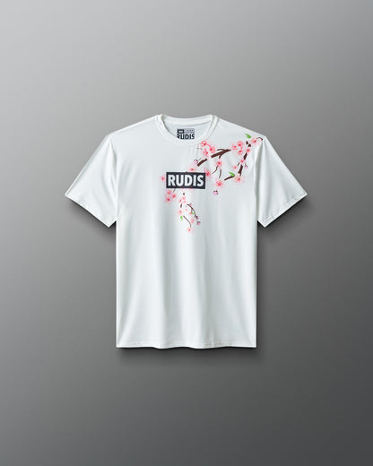 White t-shirt with floral design and 'RUDIS' logo on a gray background