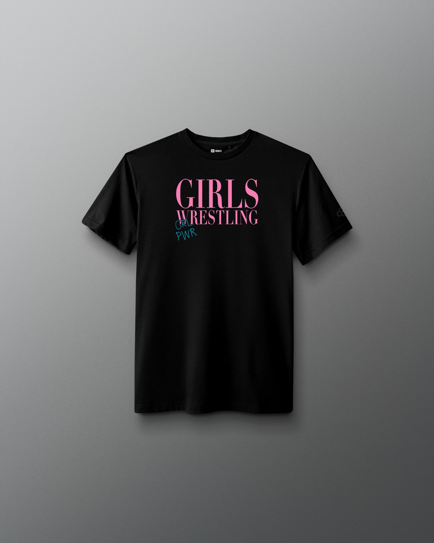 Black t-shirt with pink and blue text on a gray background