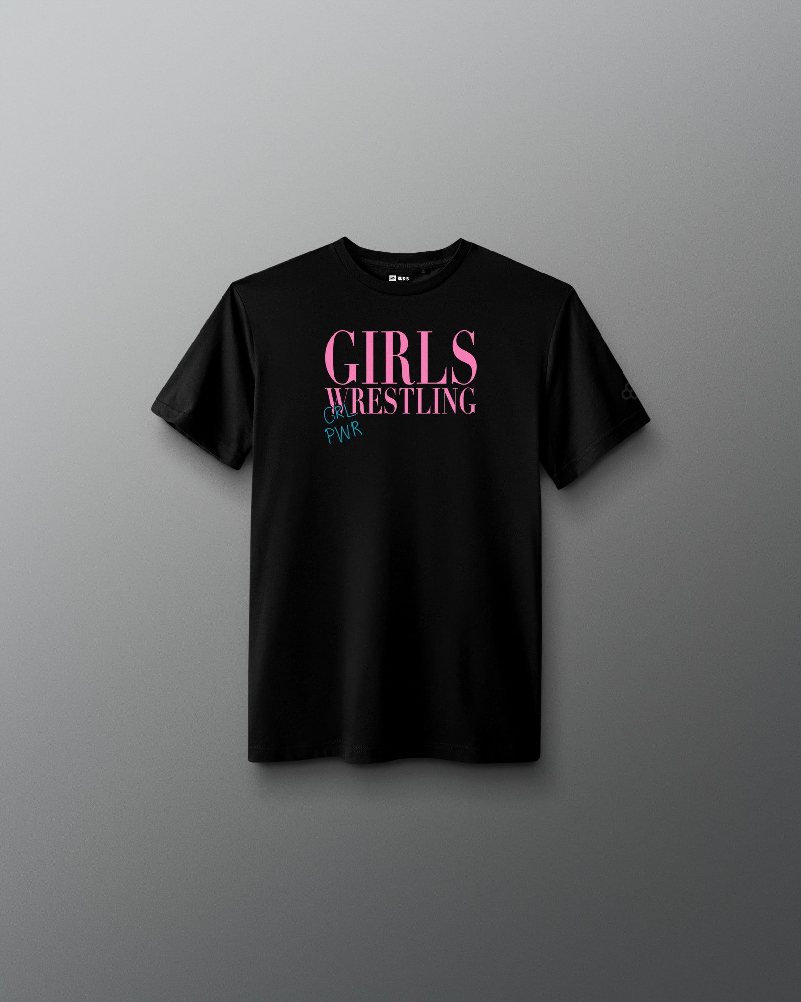 Black t-shirt with pink and blue text on a gray background