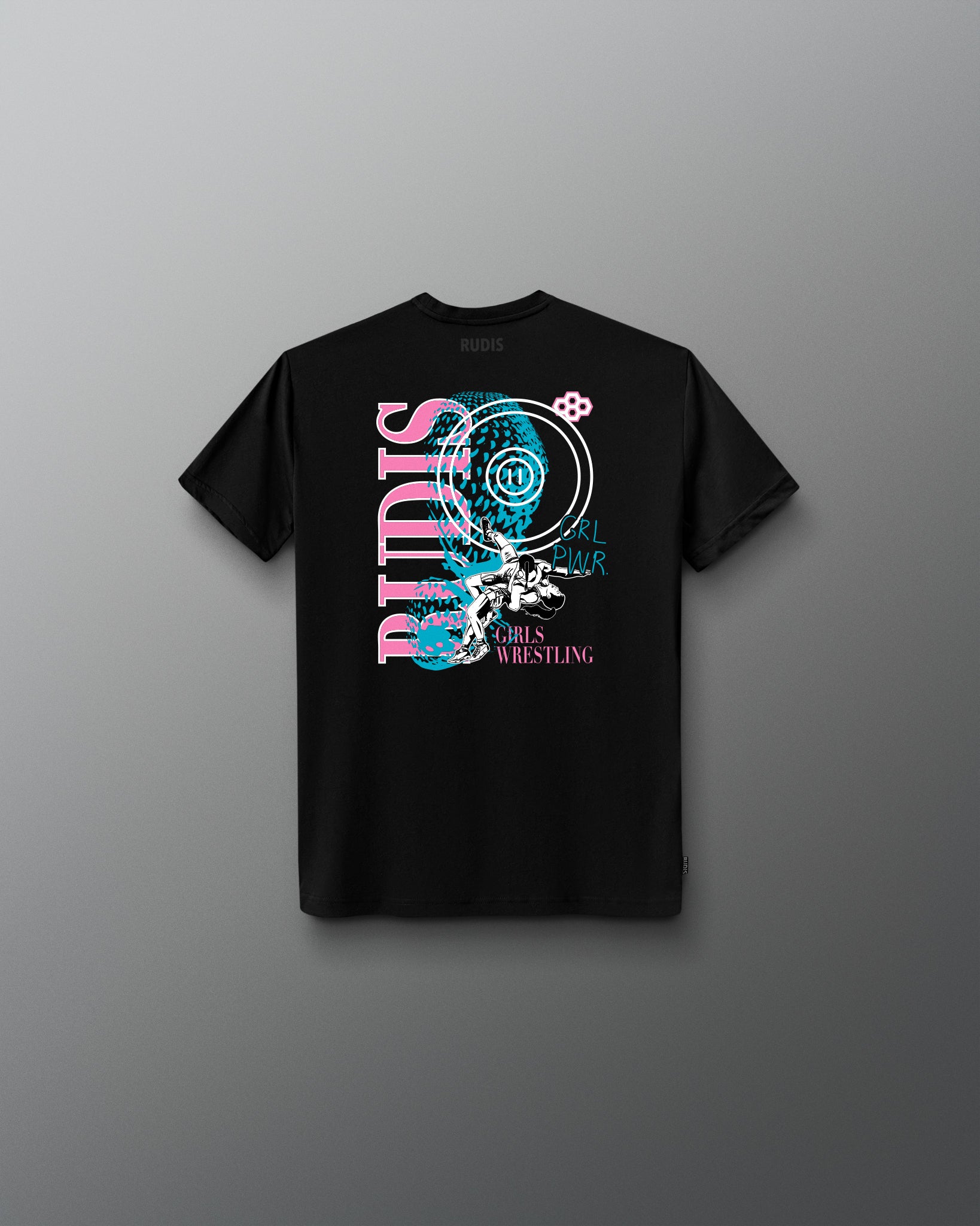 Black t-shirt with colorful graphic design on a gray background