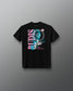 Black t-shirt with colorful graphic design on a gray background