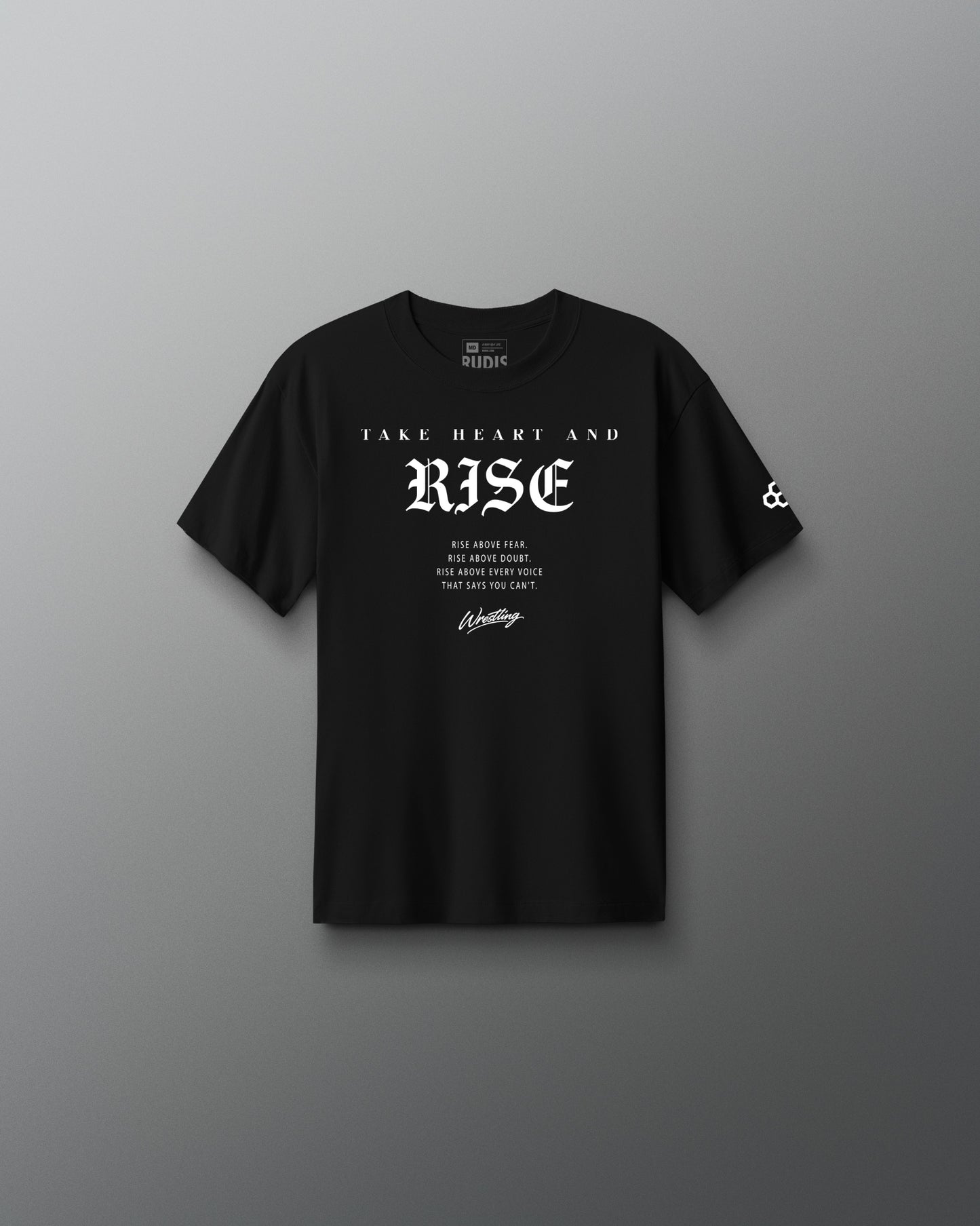 Black t-shirt with white text on a gray background