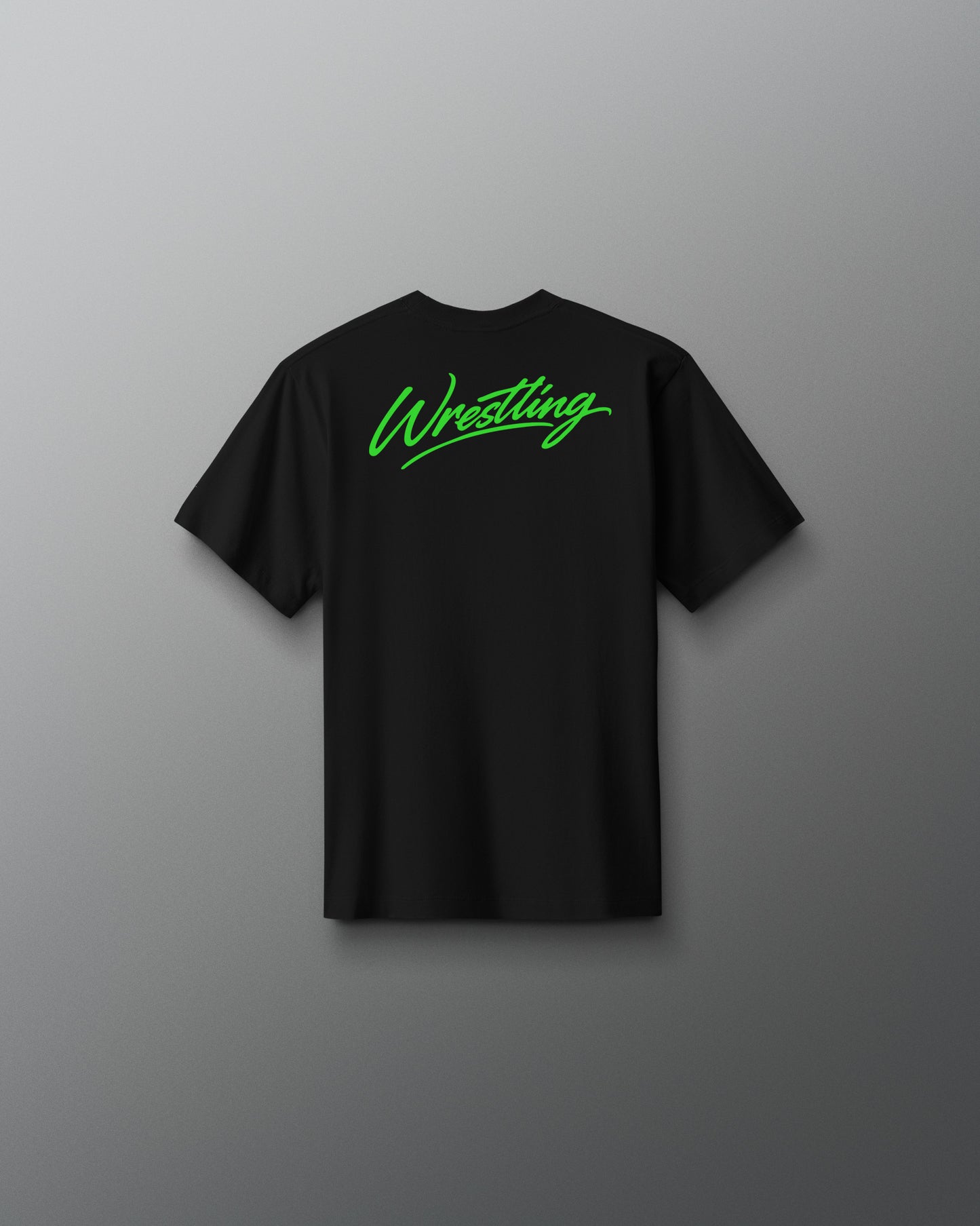 Black t-shirt with 'Wrestling' printed in green on a gray background