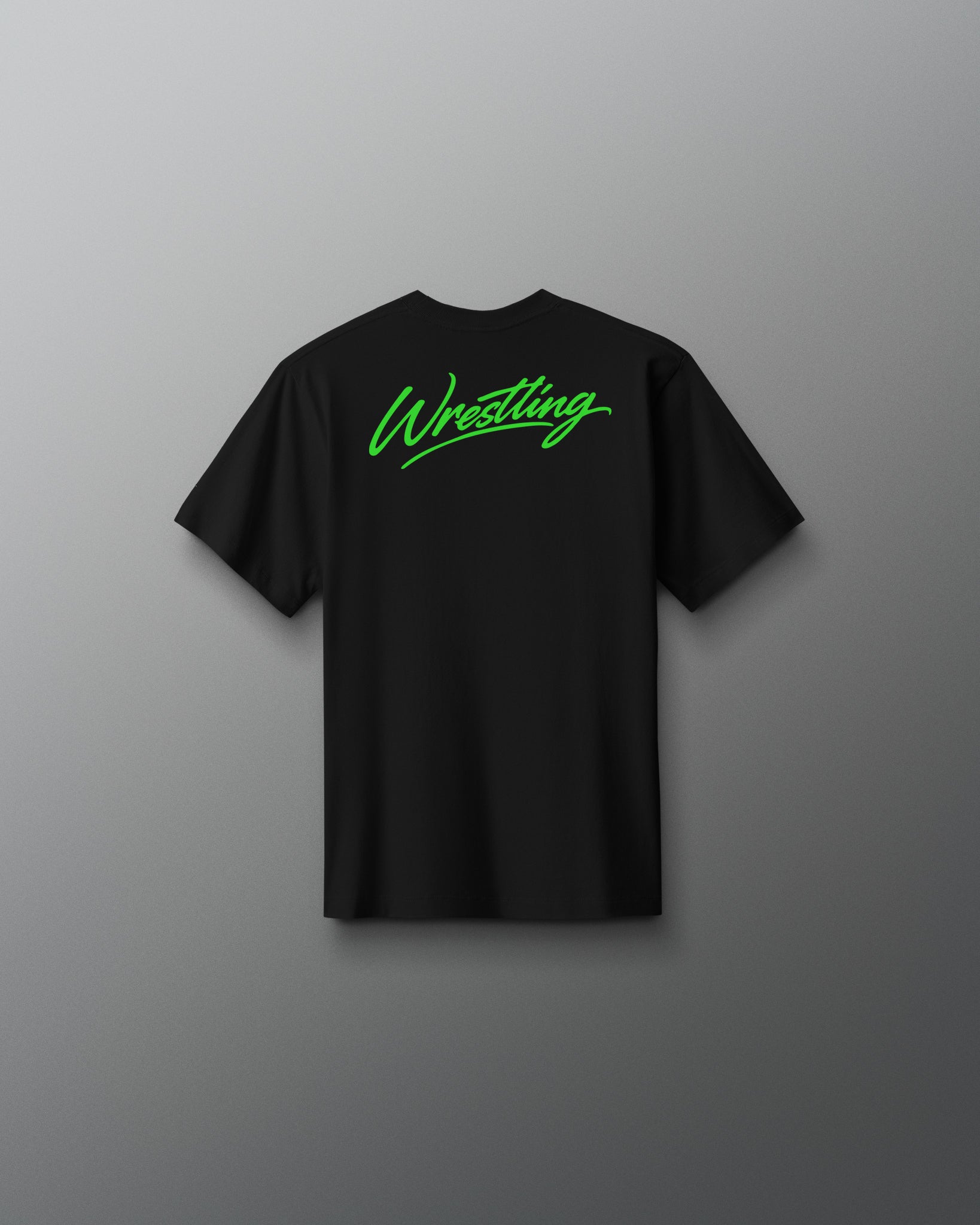 Black t-shirt with 'Wrestling' printed in green on a gray background