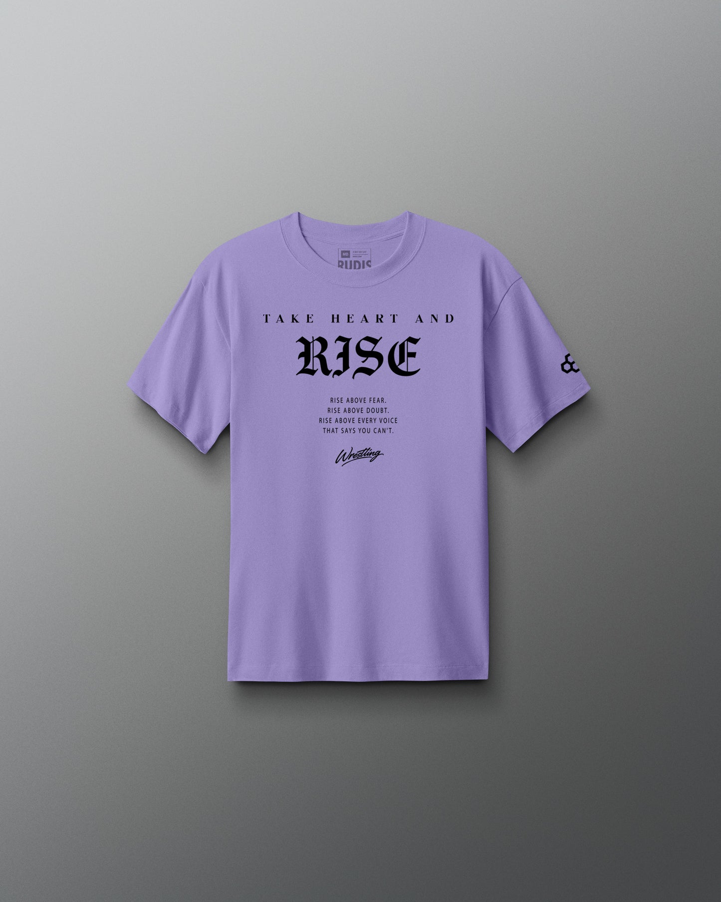 Purple t-shirt with 'Take Heart and RISE' text on a gray background