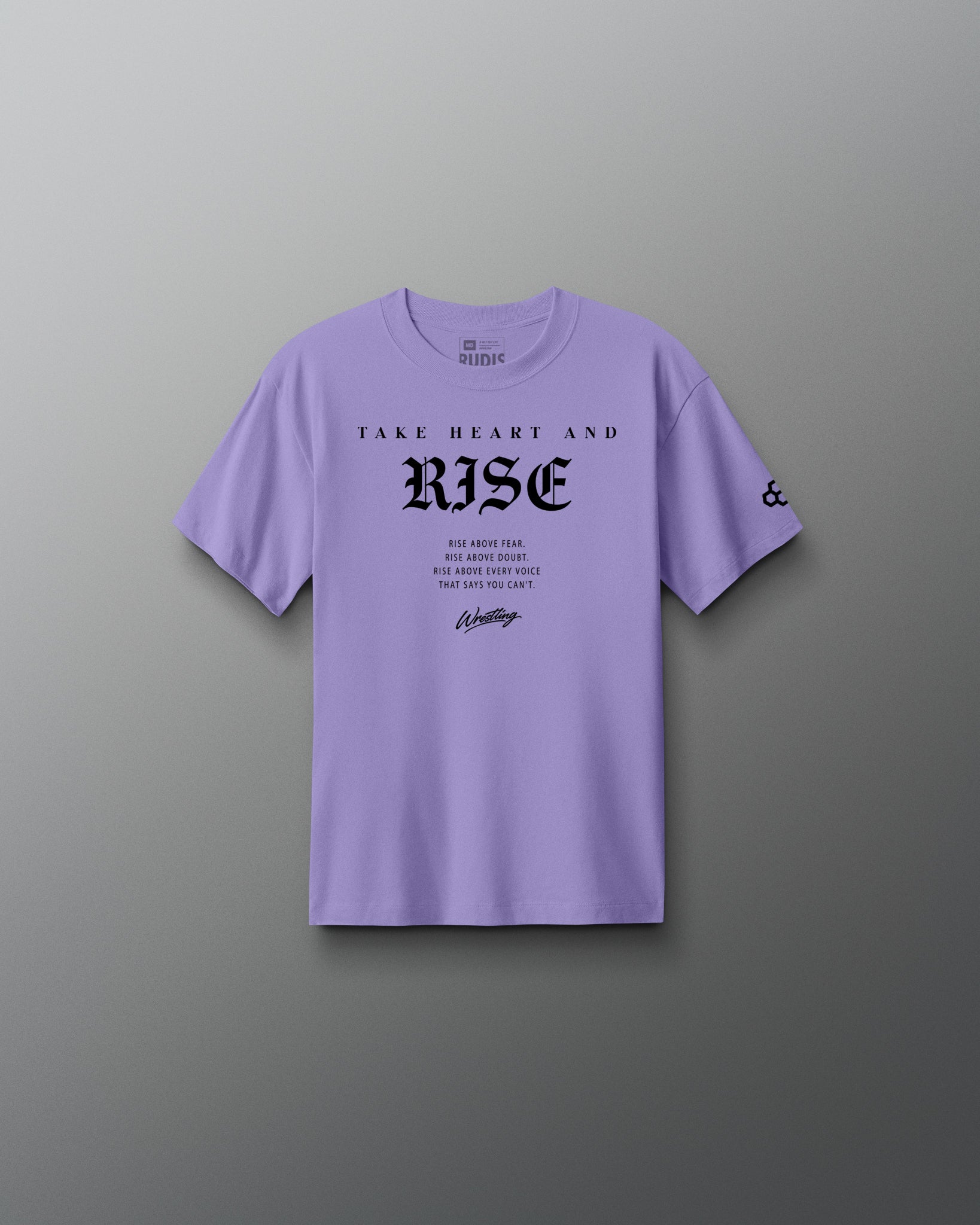 Purple t-shirt with 'Take Heart and RISE' text on a gray background