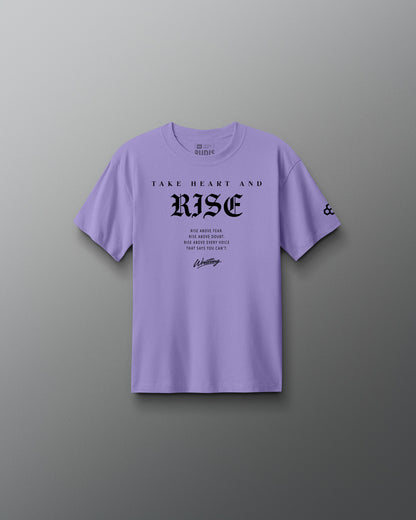 Purple t-shirt with 'Take Heart and RISE' text on a gray background