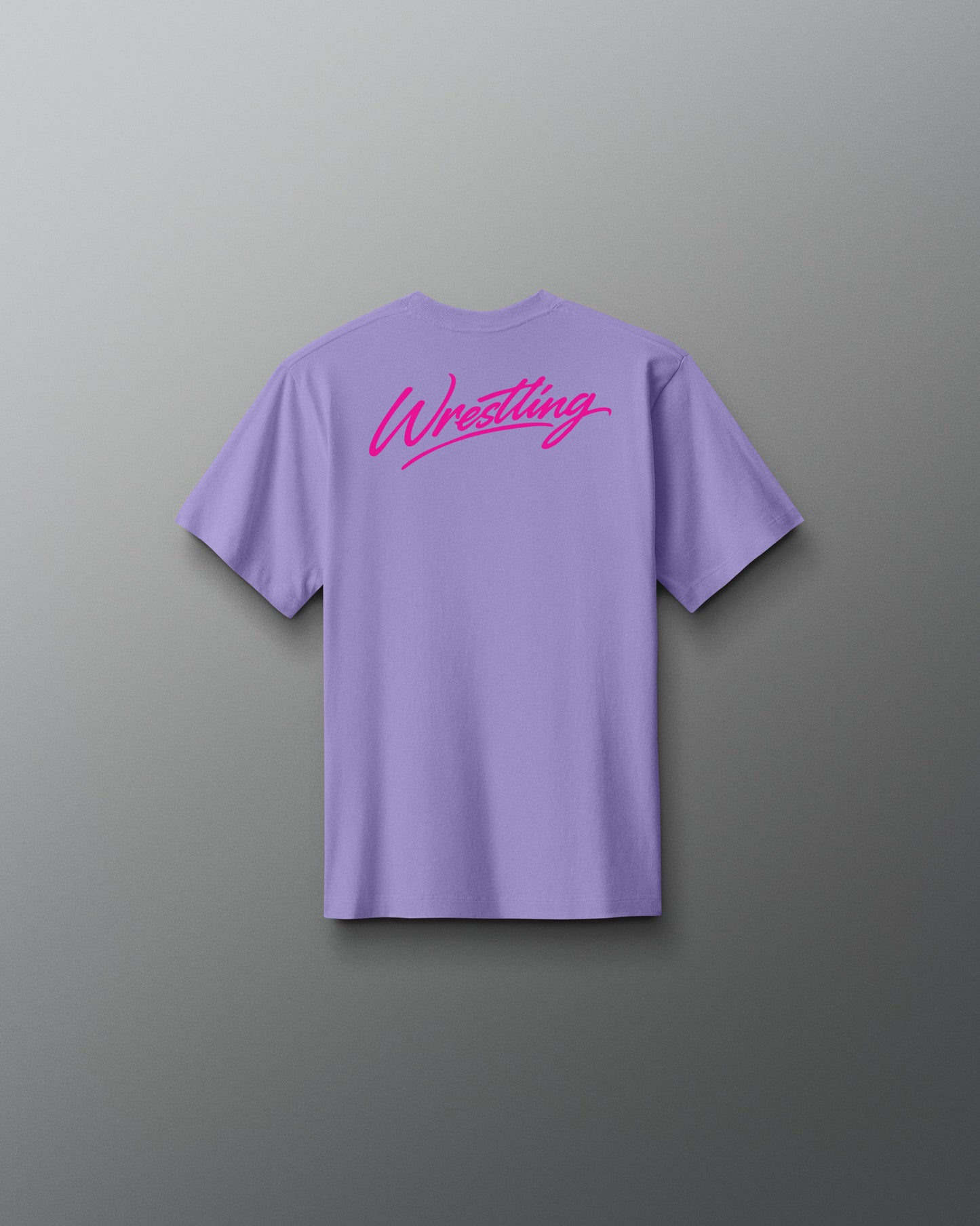 Purple t-shirt with 'Wrestling' printed on the back against a gray background