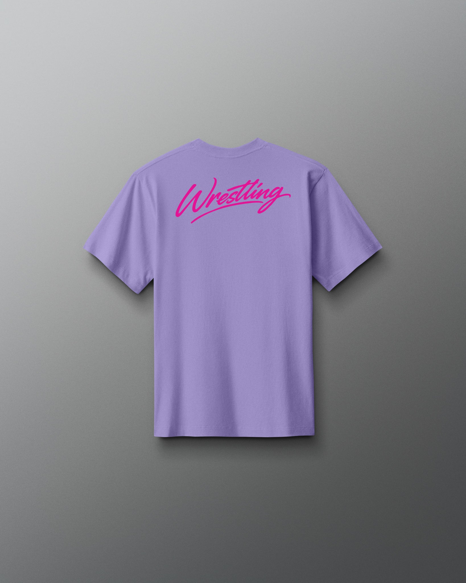 Purple t-shirt with 'Wrestling' printed on the back against a gray background