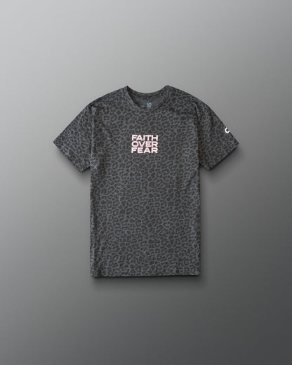 Gray t-shirt with leopard print pattern and 'Faith Over Fear' text on a gray background