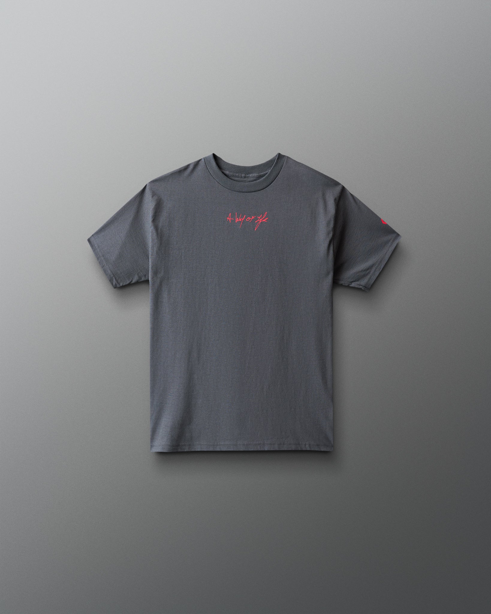 A dark gray crewneck t-shirt with a small pink script logo on the chest reading 'to have a girl' and a small pink logo on the sleeve, displayed against a dark gray gradient background.