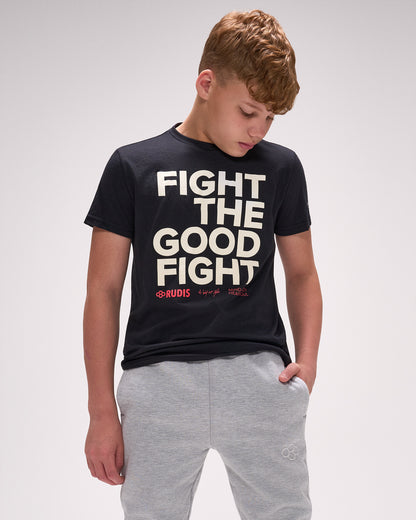 Youth athlete wearing RUDIS black “Fight The Good Fight” t-shirt with bold wrestling-inspired front graphic