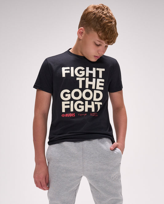 Youth athlete wearing RUDIS black “Fight The Good Fight” t-shirt with bold wrestling-inspired front graphic