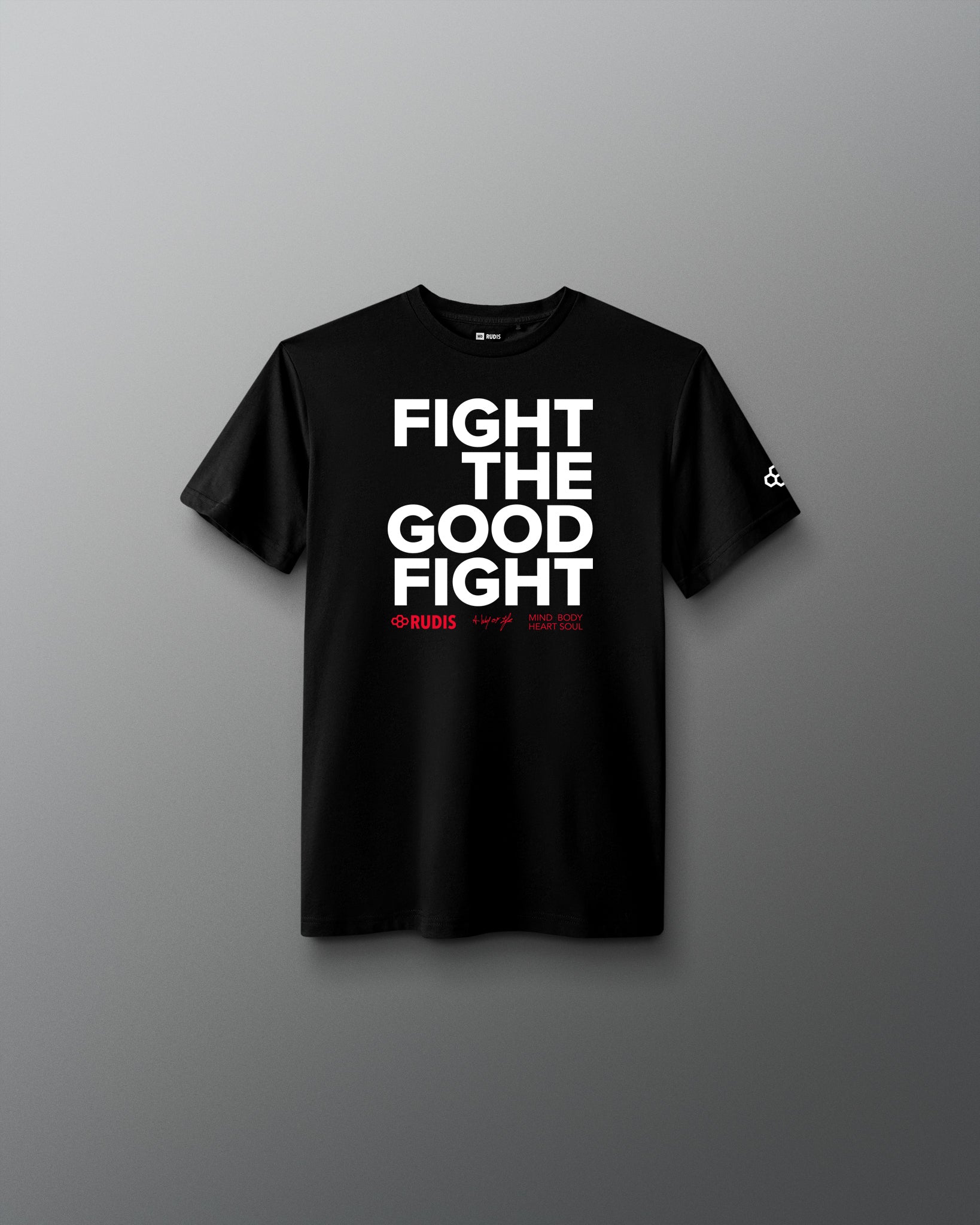 Black t-shirt with 'Fight the Good Fight' text on a gray background